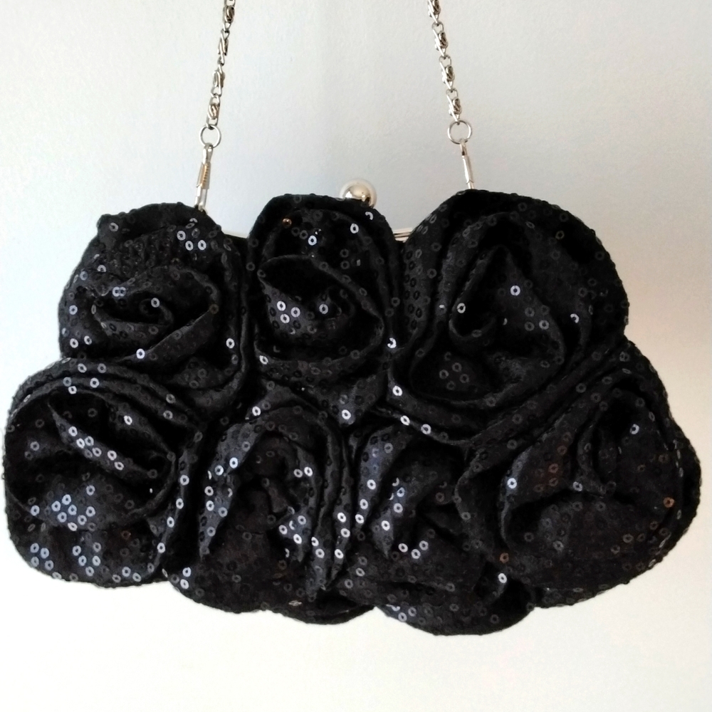 Women's black sequin rosettes evening bag - Picture 3 of 11